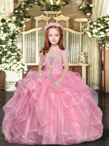 Baby Pink Sleeveless Organza Lace Up Little Girls Pageant Dress for Party and Wedding Party