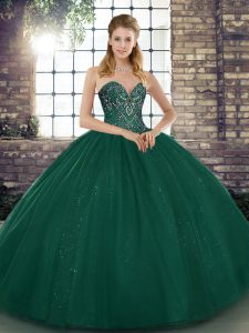 Nice Tulle Sweetheart Sleeveless Lace Up Beading Quinceanera Gowns in Peacock Green