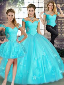  Aqua Blue Three Pieces Tulle Off The Shoulder Sleeveless Beading and Appliques Floor Length Lace Up Quinceanera Dress