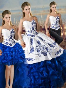 Clearance Sweetheart Sleeveless Sweet 16 Dresses Embroidery and Ruffles Blue And White Organza