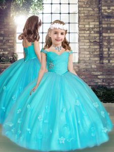  Floor Length Ball Gowns Sleeveless Aqua Blue Girls Pageant Dresses Lace Up