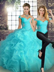  Aqua Blue Two Pieces Off The Shoulder Sleeveless Organza Floor Length Lace Up Beading and Ruffles Quince Ball Gowns