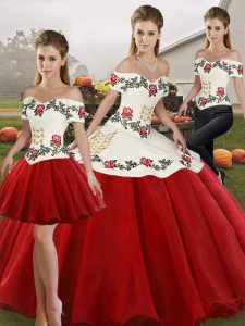 Exceptional Organza Off The Shoulder Sleeveless Lace Up Embroidery 15 Quinceanera Dress in White And Red 