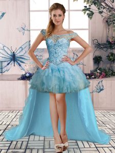 Top Selling Organza Off The Shoulder Sleeveless Lace Up Beading and Ruffles Prom Dresses in Light Blue