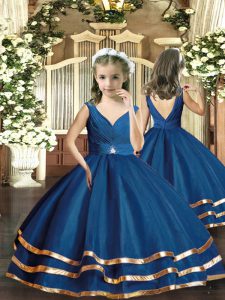 Glorious Navy Blue V-neck Backless Beading Little Girls Pageant Gowns Sleeveless