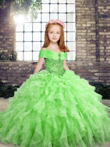  Straps Neckline Beading and Ruffles Pageant Gowns For Girls Sleeveless Lace Up