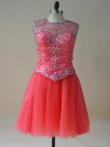 Perfect Scoop Sleeveless Lace Up Prom Evening Gown Coral Red Tulle