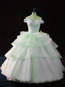 Luxury Organza Off The Shoulder Sleeveless Brush Train Lace Up Beading and Ruffled Layers Quince Ball Gowns in Apple Green