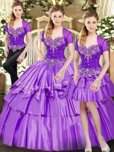  Lavender Sleeveless Floor Length Beading and Ruffled Layers Lace Up Quinceanera Gown