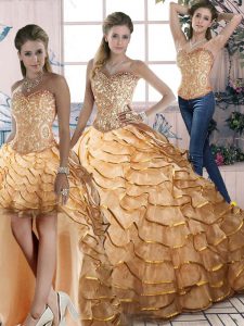 Modern Gold Lace Up Sweet 16 Quinceanera Dress Ruffled Layers Sleeveless Brush Train