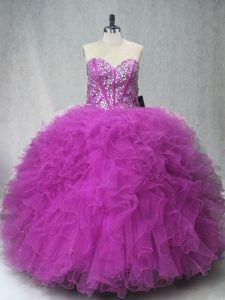 Discount Fuchsia Scoop Lace Up Beading and Ruffles Quinceanera Dress Sleeveless