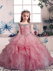  Organza Off The Shoulder Sleeveless Lace Up Beading and Ruffles Little Girls Pageant Dress Wholesale in Pink 