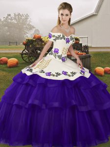 Cheap Purple Ball Gowns Off The Shoulder Sleeveless Tulle Brush Train Lace Up Embroidery and Ruffled Layers Quinceanera Gowns