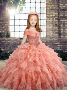  Peach Straps Lace Up Beading and Ruffles Girls Pageant Dresses Sleeveless