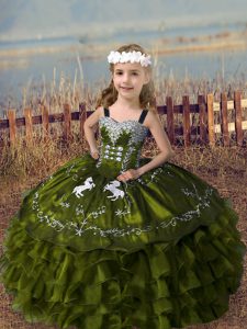 Beauteous Olive Green Ball Gowns Organza Straps Sleeveless Embroidery and Ruffled Layers Floor Length Lace Up Little Girls Pageant Dress