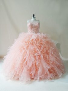 Traditional Sleeveless Floor Length Beading and Ruffles Lace Up 15th Birthday Dress with Peach