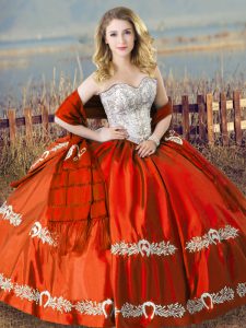  Orange Red Ball Gowns Beading and Embroidery Ball Gown Prom Dress Lace Up Satin Sleeveless Floor Length