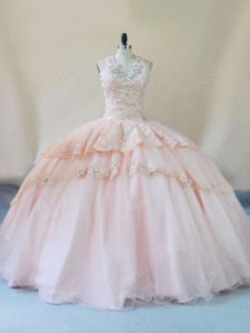  Peach Sleeveless Tulle Lace Up Quinceanera Gowns for Sweet 16 and Quinceanera