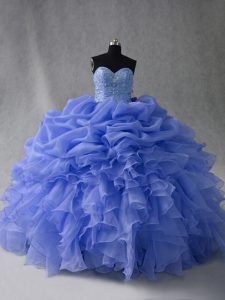 Charming Sweetheart Sleeveless Quince Ball Gowns Floor Length Beading and Ruffles and Pick Ups Blue Organza