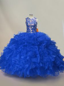  Royal Blue Scoop Lace Up Ruffles and Sequins Quinceanera Dress Sleeveless