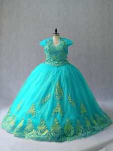  Aqua Blue Tulle Lace Up Sweetheart Sleeveless Quinceanera Dress Appliques