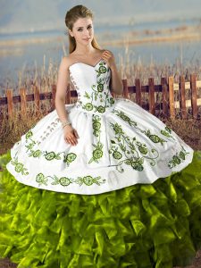  Floor Length Lace Up 15 Quinceanera Dress Olive Green for Sweet 16 and Quinceanera with Embroidery and Ruffles