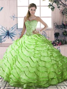 Captivating Yellow Green Quinceanera Dresses Sweet 16 and Quinceanera with Ruffled Layers Sweetheart Sleeveless Brush Train Lace Up