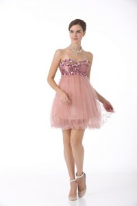 Super Sleeveless Tulle Mini Length Zipper Homecoming Dress in Pink with Beading
