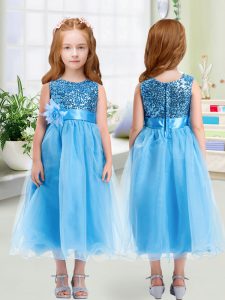 Superior Sleeveless Tea Length Sequins and Hand Made Flower Zipper Flower Girl Dresses with Baby Blue