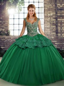  Straps Sleeveless Quinceanera Gowns Floor Length Beading and Appliques Green Tulle