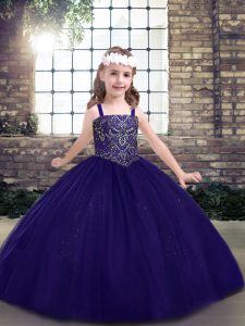 Custom Fit Tulle Straps Sleeveless Lace Up Beading Pageant Gowns For Girls in Purple