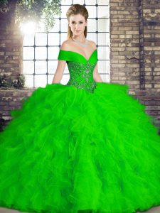 Spectacular Green 15 Quinceanera Dress Military Ball and Sweet 16 and Quinceanera with Beading and Ruffles Off The Shoulder Sleeveless Lace Up