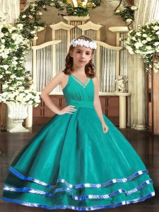 Customized Turquoise Kids Pageant Dress Party and Wedding Party with Ruffled Layers V-neck Sleeveless Zipper