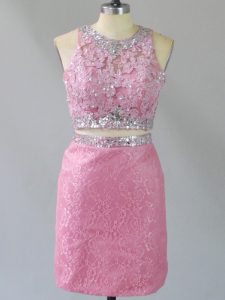 Customized Lace Sleeveless Mini Length Prom Gown and Beading