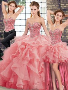 Fashion Watermelon Red Three Pieces Tulle Sweetheart Sleeveless Beading and Ruffles Lace Up Sweet 16 Dress Brush Train