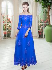Beautiful Royal Blue A-line Lace Dress for Prom Lace Up Tulle 3 4 Length Sleeve Floor Length