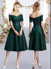 Stunning Short Sleeves Tea Length Belt Court Dresses for Sweet 16 with Dark Green