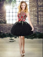 Glorious Black Organza Lace Up Dress for Prom Sleeveless Mini Length Embroidery and Ruffles