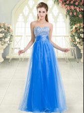 Adorable Blue Tulle Lace Up Sweetheart Sleeveless Floor Length Prom Gown Beading