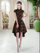  Brown Short Sleeves High Low Appliques Zipper Prom Party Dress