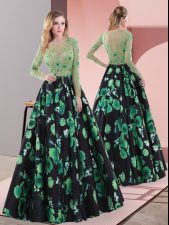 Fine Multi-color A-line Appliques Prom Party Dress Lace Up Printed Long Sleeves Floor Length