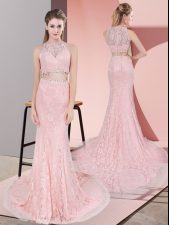 Custom Design Pink Sleeveless Court Train Beading Prom Gown
