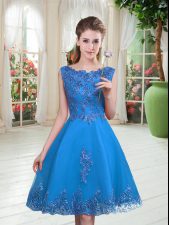 Glorious Blue Lace Up Scoop Beading and Appliques Prom Evening Gown Tulle Sleeveless