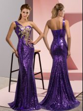  Purple Sequined Lace Up One Shoulder Sleeveless Evening Dress Sweep Train Beading and Appliques
