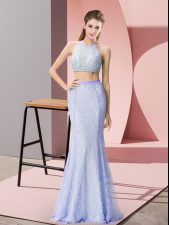 Attractive Baby Blue Two Pieces Halter Top Sleeveless Floor Length Backless Beading and Lace Prom Dresses