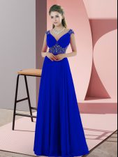  Blue Backless Prom Gown Beading and Pick Ups Sleeveless Sweep Train
