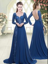  Blue Chiffon Zipper Prom Evening Gown Long Sleeves Sweep Train Beading and Lace