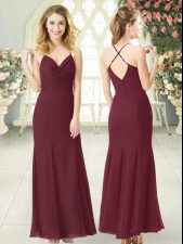  Column/Sheath Prom Evening Gown Burgundy Spaghetti Straps Chiffon Sleeveless Floor Length Zipper