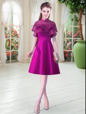  High-neck Cap Sleeves Dress for Prom Knee Length Beading Purple Satin