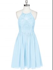  Halter Top Sleeveless Prom Party Dress Mini Length Lace Light Blue Chiffon